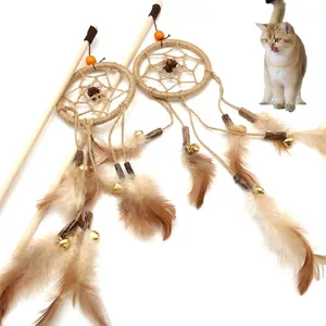 Handmade dreamcatcher style wooden cat teaser wand with natural feathers and bells