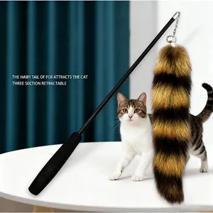 Retractable Interactive Cat Teaser Wand Toy Faux Fox Tail Bell Carbon Steel Wire Cat Fishing Rod For Exercise Indoor Cats