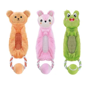 Interactive plush dog toys with tennis ball rope ring in cute cartoon animal shapes