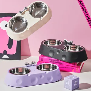 High-quality double stainless steel pet bowls with cute cheese-style base in multiple colors