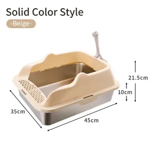 Bac à litière inox pour chat avec rebord beige élevé et pelle, taille: 45x35x21,5cm