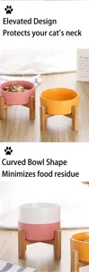 Detailed view of an elevated ceramic cat bowl with a minimalist bamboo wooden stand