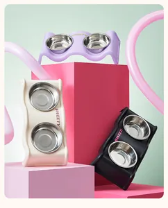Modern wavy double pet bowls in purple, cream, and black with stainless steel inserts.