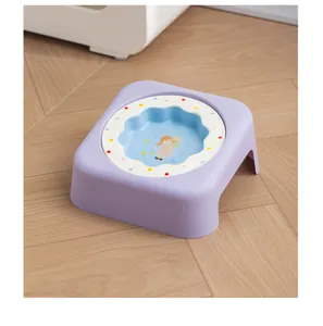 Détail de la gamelle en céramique avec illustration de fille et support incliné violet pour chat