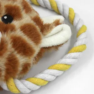 Creative plush giraffe dog toy featuring a durable twisted white and yellow cotton rope for chewing