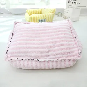 Soft pink and white striped plush pet bed cushion for small dogs and indoor cats