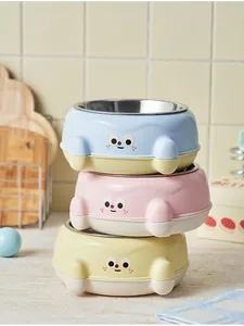 Stack of three cute cartoon character pet bowls with stainless steel inserts in pastel colors