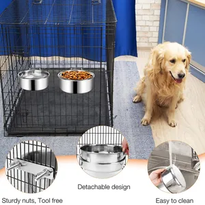 Detachable stainless steel hanging pet bowl detail with tool-free nut mounting for cages