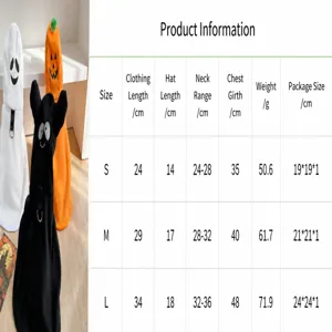 Detailed size chart for Halloween cartoon pet capes in pumpkin and ghost styles.