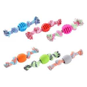 Durable cotton rope dog chew toys with TPR balls for teeth cleaning, set of 6 colors.