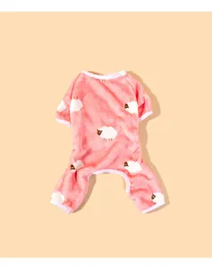 Soft pink coral fleece pet jumpsuit featuring cute white sheep patterns for small dogs