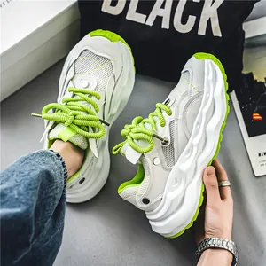 Fashionable men's breathable mesh chunky sneakers in white and lime green sporty style