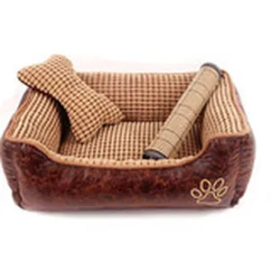 Rectangular brown faux leather pet bed featuring checkered interior and plush bone pillow