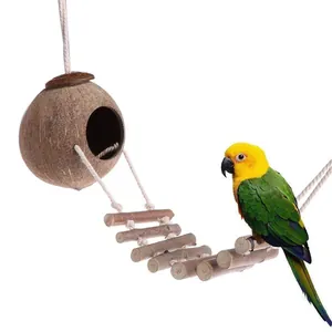 Natural coconut shell bird nest house with hanging wooden ladder for small parrots