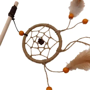 Handcrafted wooden cat teaser wand with dreamcatcher and feather design