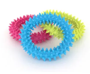 Durable TPR spiky rings in pink blue and green for puppy teething and dental cleaning