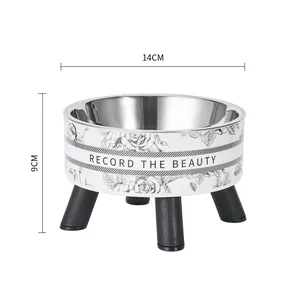 Premium elevated stainless steel pet bowl with floral pattern and 14cm diameter dimension