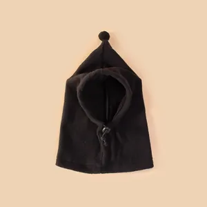 Funny black fleece pet hood hat with top pom-pom and adjustable drawstring for dogs