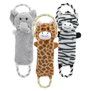 Set of 3 animal-shaped plush dog toys with durable cotton ropes for chewing.