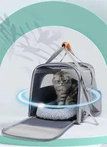 Foldable grey pet carrier bag with cat inside showing 360-degree ventilated mesh design