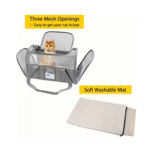 Detailed view of the foldable pet carrier featuring three mesh openings and soft mat