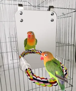 Detail of bird mirror with colorful cotton rope perch for parrots and small birds