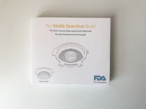 Front view of white product packaging box for multi-functional pet feeding bowl