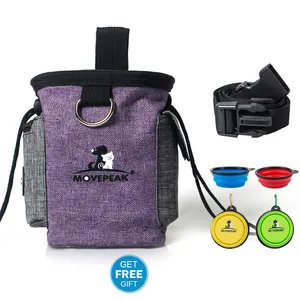 Vue détaillée du sac de dressage pour animaux violet avec ceinture et gamelles pliables