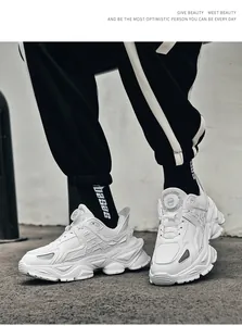 Close-up of white breathable mesh sneakers with a quick rotating buckle closure