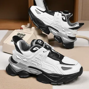 Stylish white and black men's chunky sneakers with rotary buckle and breathable mesh.