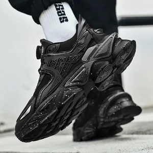 Black men's breathable mesh running shoes featuring a sleek rotating buckle design