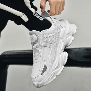 White breathable mesh sports sneakers for men featuring innovative rotary buckle system