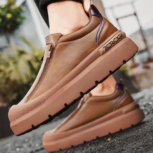 Zapatillas de plataforma para hombre en cuero microfibra marrón con detalle de cremallera