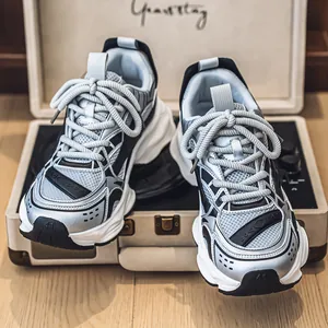 High-quality retro chunky silver men's sneakers with soft thick sole for outdoor running