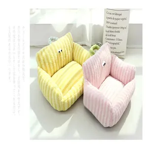 Cozy macaron striped plush pet sofa bed with cute big eyes and a portable handle
