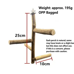 Detailed view of natural wood bird perch with wing nut mounting and measurements