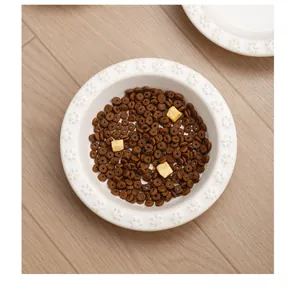 Vue de dessus d'un bol en céramique pour chat avec relief de patte et croquettes