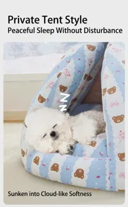 Tenda letto blu semi-chiusa per animali con motivo a orsetto per cani piccoli e gatti