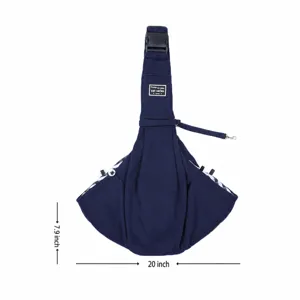 Navy blue pet sling carrier with dimensions 20x7.9 inches shown on white background