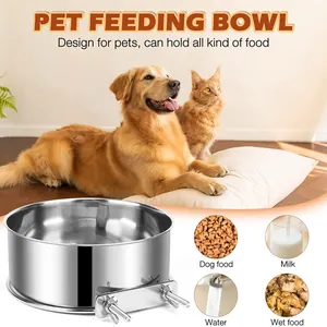 Detailed view of stainless steel hanging pet bowl showing food and water compatibility