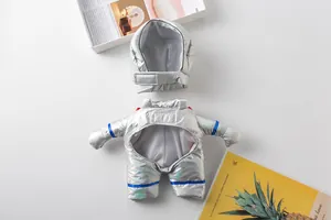 Detailed view of silver astronaut pet costume showing metallic fabric and hood design.