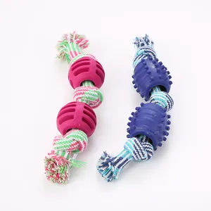 Durable double-knot cotton rope dog chew toy with textured TPR rubber balls