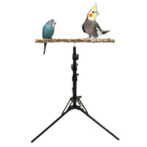 Uitschuifbare vogelstandaard met natuurlijke houten zitstok op stevig statief