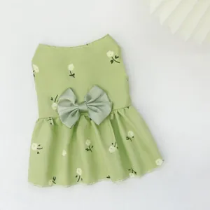 Elegant light green floral dog princess dress with a large satin bow for small pets