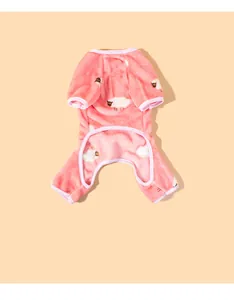 Close-up of soft pink coral fleece pet pajamas with cute sheep pattern