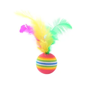 Rainbow EVA foam cat toy ball with colorful feathers for fun interactive play