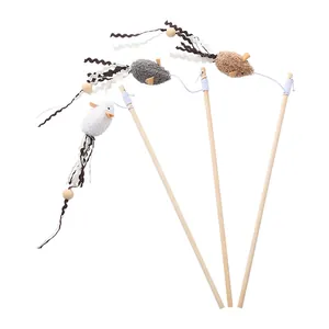 Professional set of three cat teaser wands featuring plush mice and durable wooden sticks