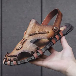 Premium braune Leder Herren Sommersandalen mit geschlossener Zehe für Strand und Auto