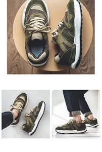 Collage showing men's olive green Japanese style low-top sneakers from multiple angles