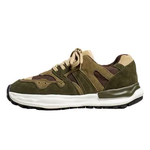 Men's retro Japanese style thick-sole breathable sneakers in olive green suede.